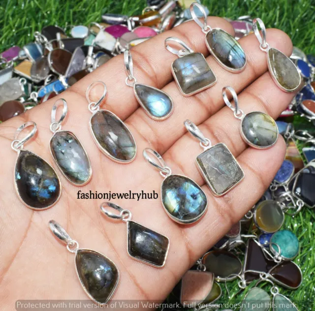 Labradorite Gemstone Small Pendant 5pcs Wholesale Lot 925 Silver Plated Jewelry