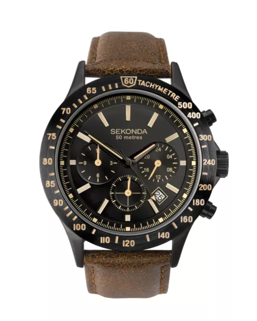 SEKONDA MEN S DUAL TIME Black Dial Brown Leather Strap Watch 1651. RRP 79.99 39.99 PicClick UK