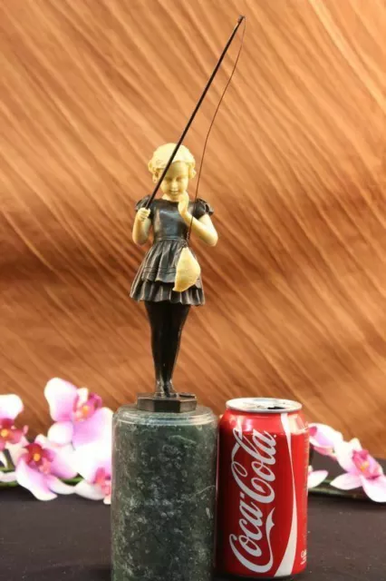 Preiss Solid Bronze Little Girl Fishing Figurine Sculpture on Green Marble Base 3