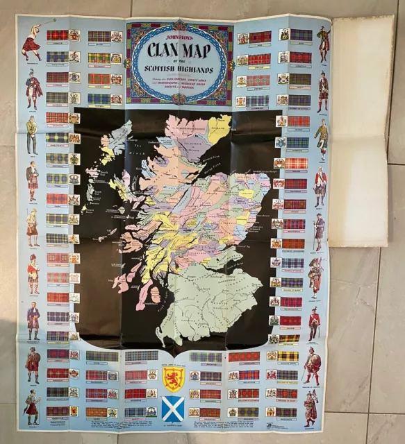 UNUSUAL VINTAGE 1970s CLANS OF THE SCOTTISH HIGHLANDS FOLD-OUT MAP POSTER EXC!!! 3