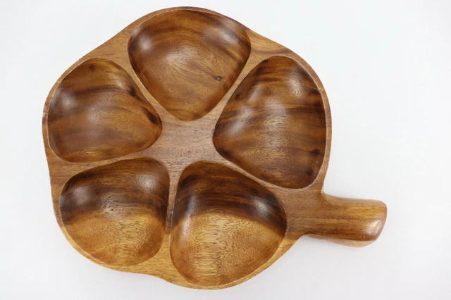 Vintage Monkey Pod Philippines Wood Divided Tray 5 Spaces Clover Heavy Numbered