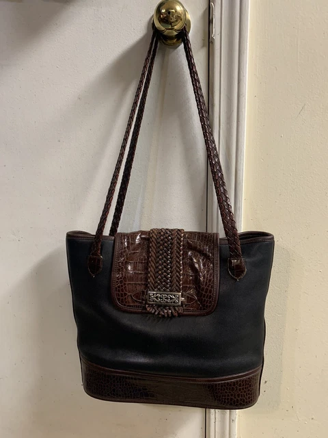 Vtg BRIGHTON USA Black Brown Croc Embossed Leather Flap Bucket Bag Purse 12 X 4