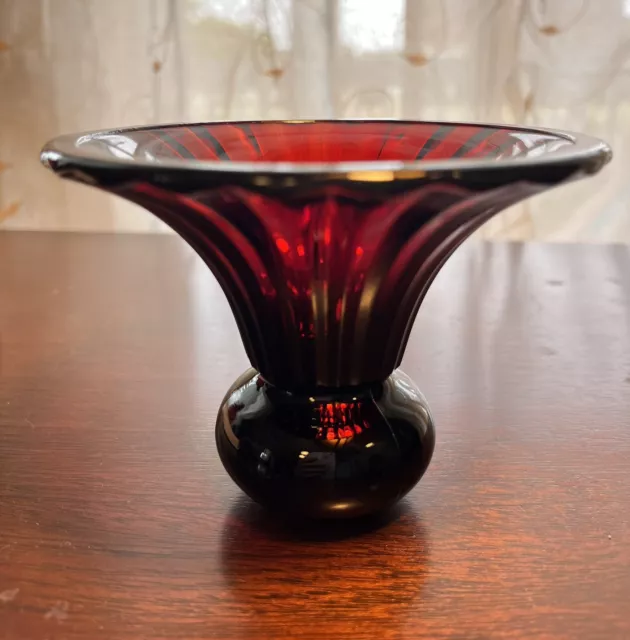 Deep Red Heavy Ruby Glass Art Deco Flared Vase~Very Dark Red Unique Small Vase