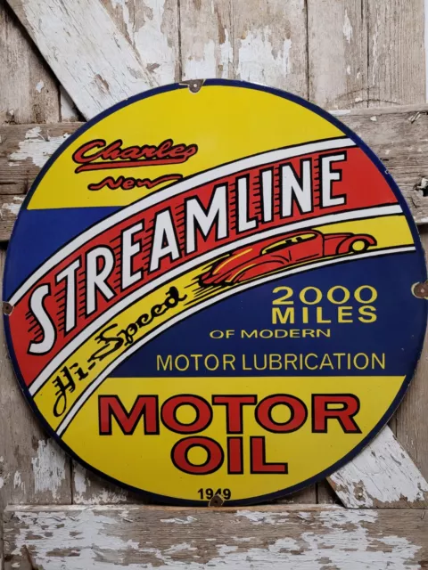 Old Vintage Streamline Porcelain Sign 30" 2000 Mile Hi-Speed Motor Oil Service