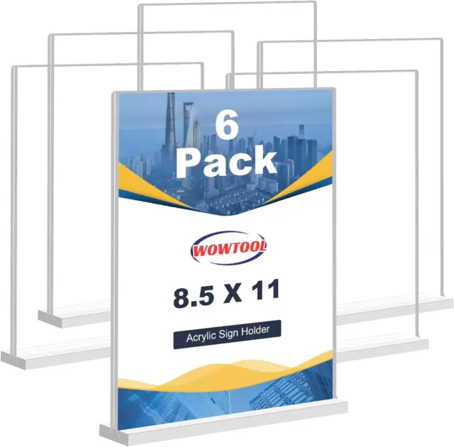 8.5x11 Acrylic Sign Holder 6 Pack, Clear Stands for Display 8 1/2 x 11, Paper