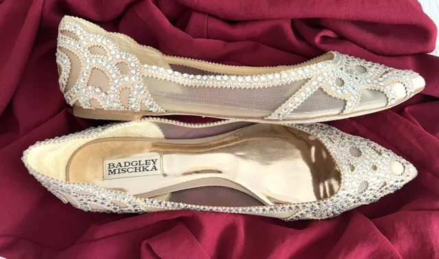 Badgley Mischka Gigi Crystal Flats Shoe Sz 10 Sparkle Ivory Gold Bridal Wedding