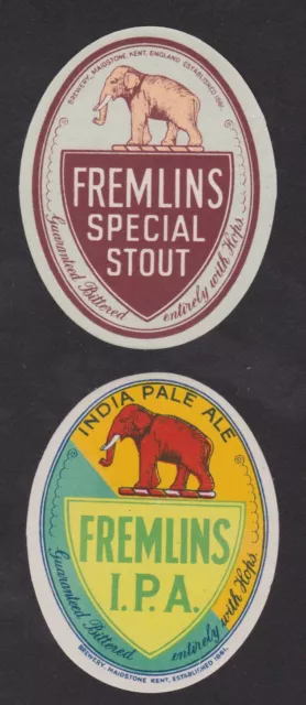 2 Anciennes petites étiquettes Alcool Royaume Uni Bière 102598 Fremlins Eléphant
