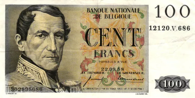 05 Belgium / Belgien P129c 100 Francs 1958