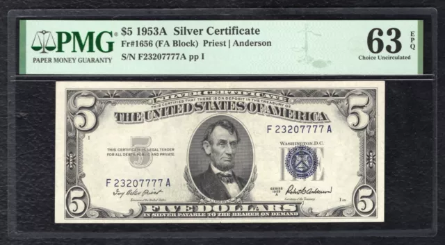 Fr. 1656 1953-A $5 Silver Certificate Currency Note Pmg Uncirculated-63Epq
