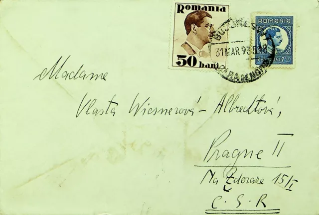 ROMANIA 1893 2v ON COVER FROM BUCHAREST TO PRAHA CZECHOSLOVAKIA
