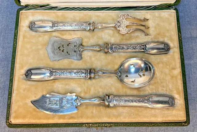19c Antique French Baroque Hors d'Oeuvre Dessert Sterling Silver Serving Set Box