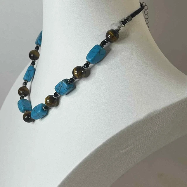 Lia Sophia beaded necklace signed costume jewelry Turquoise blue tiger's eye