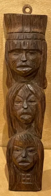 Vintage Hand Carved Polynesian Heavy Wood Tiki Pole With Faces and Hanging Hook