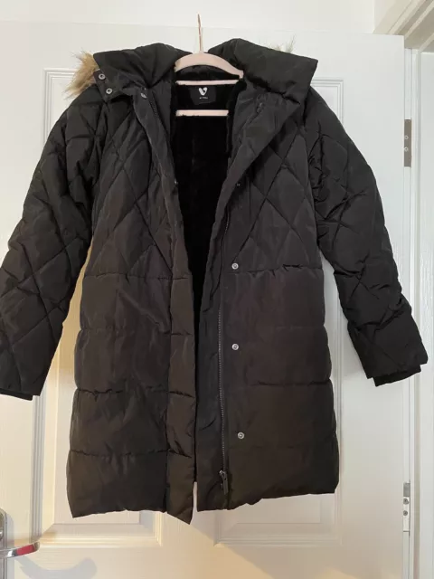 Girls Black Faux Fur Lined Coat With Fur Hood Size 13 Years In Excellent Cond.