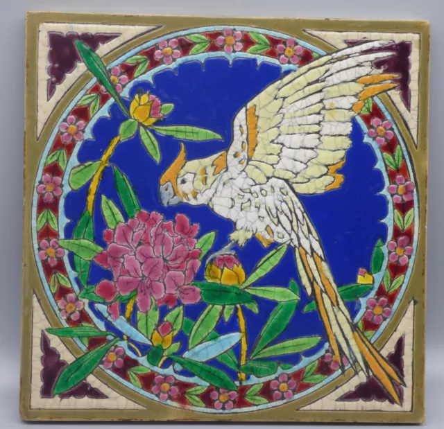 Awesome Parrot & in flowering Hibiscus tree Art Nouveau Tile Carreau Emaux GIEN