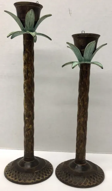 2 Vintage Metal Palm Tree Taper Candle Holders 12-14" Tropical Tiki Heavy Brass