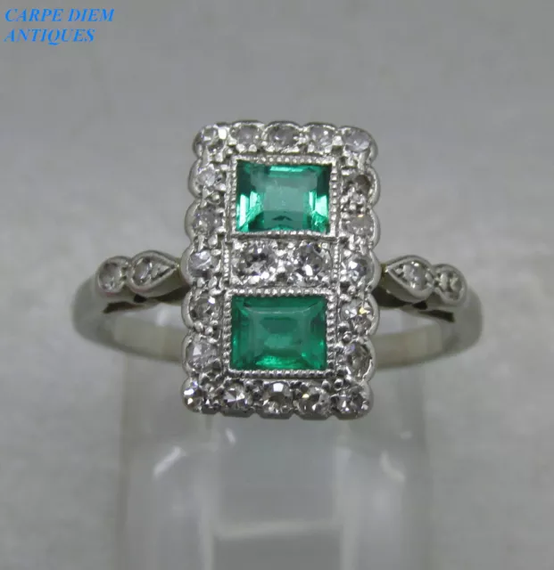 Art Deco Colombian Emerald & Old Cut Diamond Platinum Ring Uk Size J & Usa 4 5/8