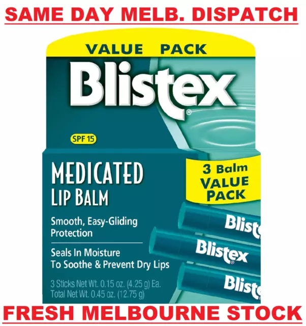 Blistex Medicated Lip Balm Protectant Sunscreen SPF 15 3x Chap Stick Value Pack