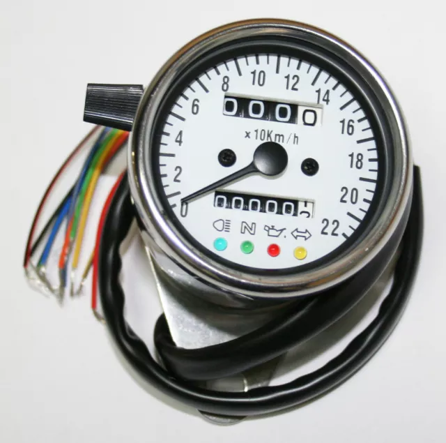 Custom LED Mini Speedometer (KPH) 100KPH=2330RPM Chrome Body White Face