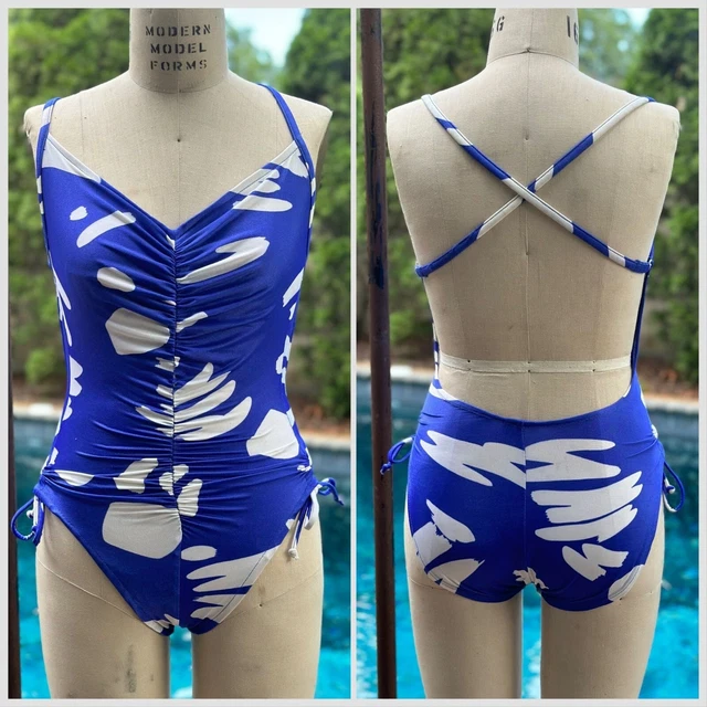 Vintage 1970s Blue Brushstroke Print One Piece Swimsuit 70s Rose Marie Reid