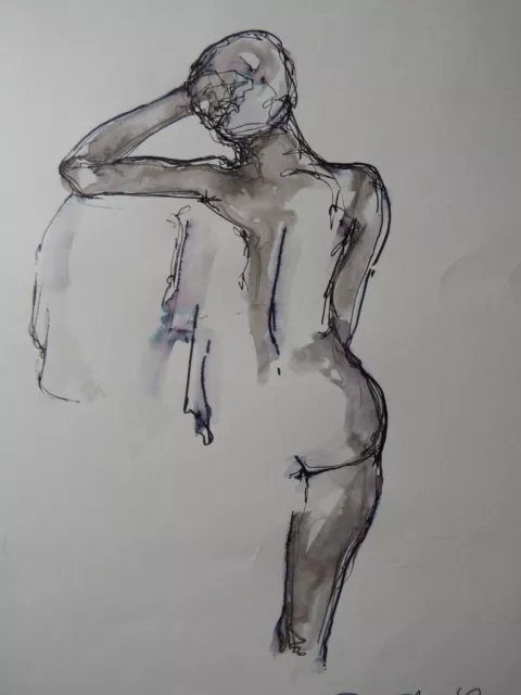 Original Stift & Tinte Wash Life Zeichnung weibliches Aktmodell in stehender Pose