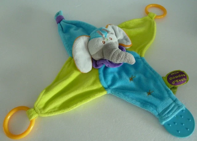 D66. MON DOUDOU ET COMPAGNIE D'EVEIL ELEPHANT PLAT bleu vert violet étoile - TBE