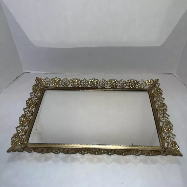 Vintage Dresser Vanity Rectangular Gold Filigree Mirror Perfume Tray-10”x15”
