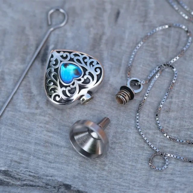 Sterling silver Urn Necklace Cremation Jewellery Ashes Heart Pendant Blue Stone