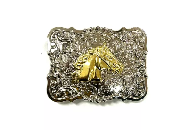 Western Horse Buckle Men Silver Chrome Square Engraved Fit 2'' Hebilla Vaquero