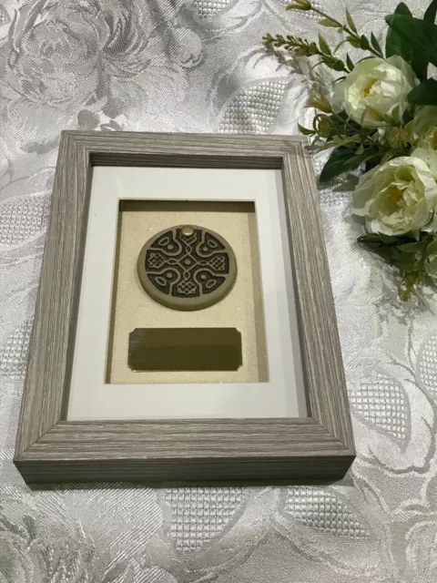 Personalised Stone Celtic Cross In Wood Effect Box Frame & Engraved Plaque