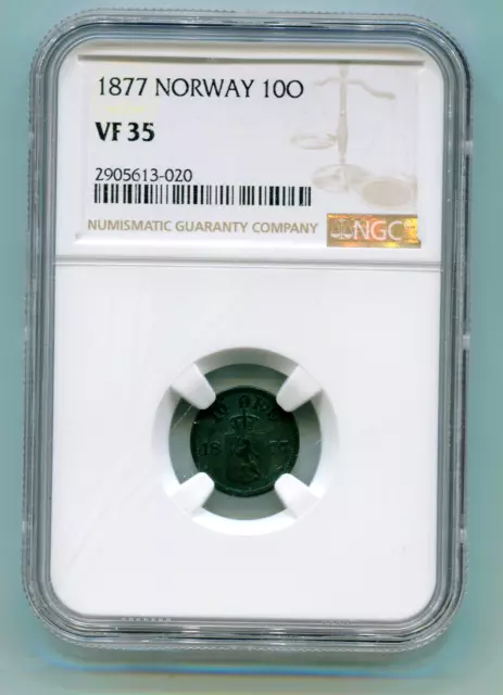 Norway 10 Ore 1877 NGC VF 35 very rare key date   lotnov8063