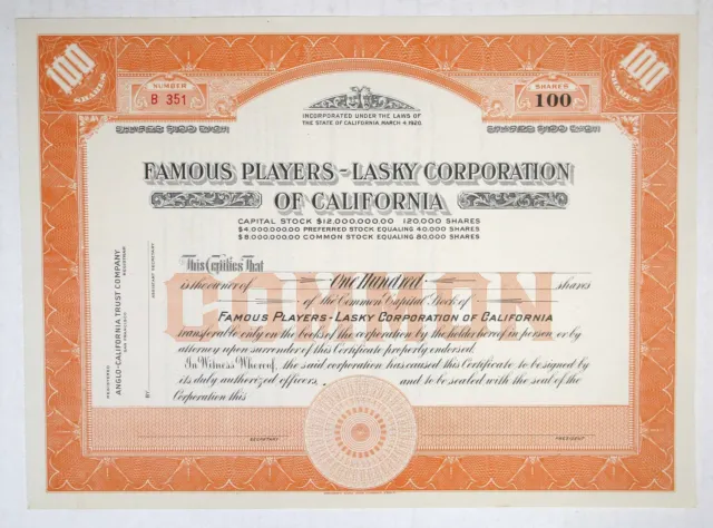 CA. Famous Players-Lasky Corp, of California. ND(1950s). 100 Shrs U/U Stock Cert