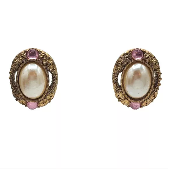 Vintage Faux Pearl Gold Tone Filigree Oval Stud Earrings