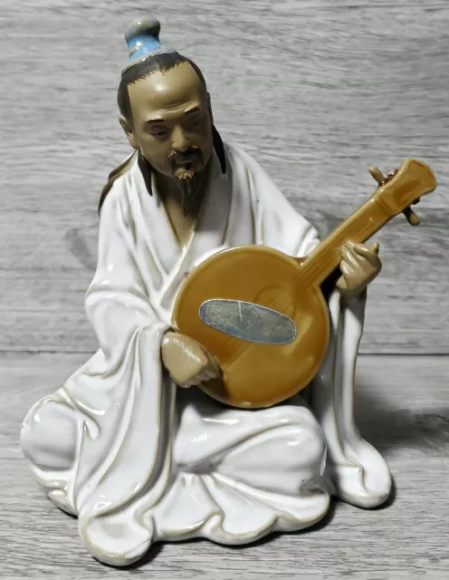 Vintage Chinese Mudman Man Playing The Lute/ Mandolin Glazed Clay Figurine