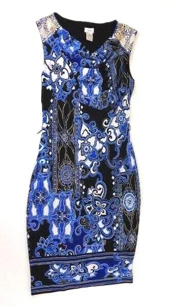 Cache Blue Ibeza Print Sleeveless Bodycon Gold Stud Trim Evening Dress Womens XS