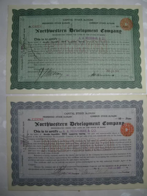 1906  2 Bonds Stock Share Certificate NORTHWESTERN DEVELOPMENT COMPANY MAINE USA