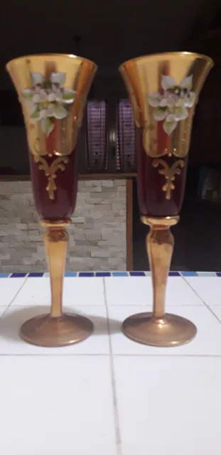 set di due bicchieri flute rosso vetro di Murano con oro 24 carati