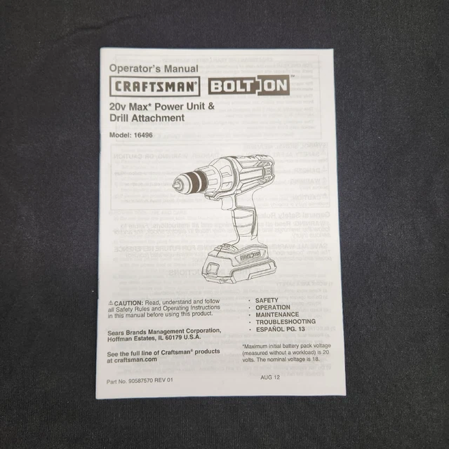 CRAFTSMAN BOLTON 20V Max Power Unit & Drill Attachment Operator's