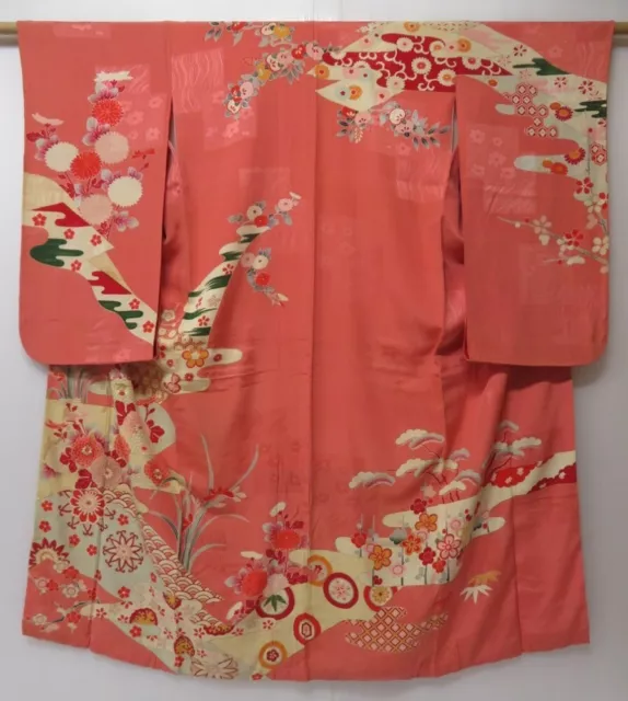 2231T03z620 Vintage Japanese Kimono Silk TSUKESAGE Chrysanthemum Coral pink