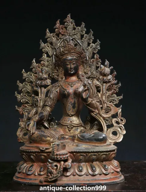 10.2" Old Tibet Bronze Gilt Buddhism Sit Lotus Green Tara Goddess Buddha Statue