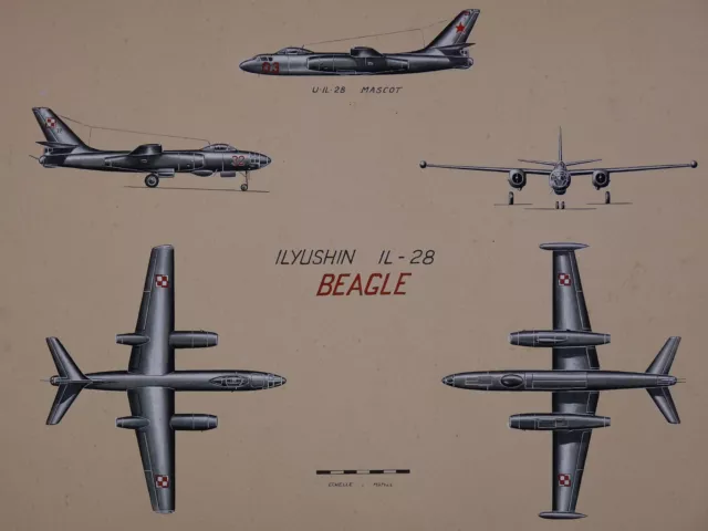 Jean Cuny (XX) Gouache originale AVION DE COMBAT Beagle Ilyushin IL-28