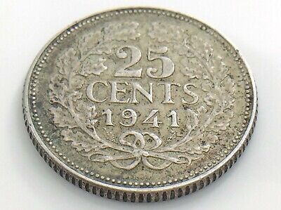 1941 Netherlands 25 Cents Twenty Five Circulated Silver Nederlanden Coin I960