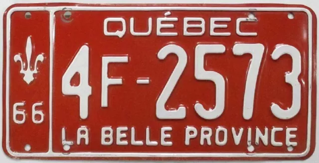 Vintage Quebec Canada 1966 License Plate 4F-2573 Red Beauty