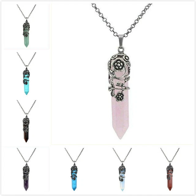 Antique Silver Flower Wrapped Natural Quartz Gemstone Healing Crystal Necklace