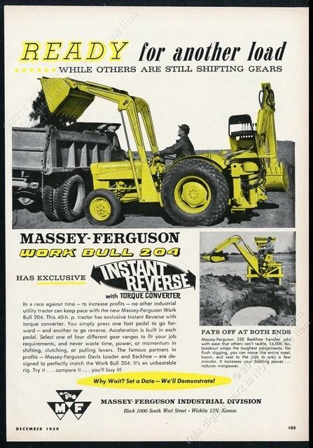 1959 Massey Ferguson Work Bull 204 tractor loader backhoe photo vintage print ad