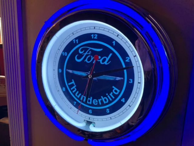 Ford Thunderbird Motors Garage BLUE Man Cave Neon Wall Clock Advertising Sign