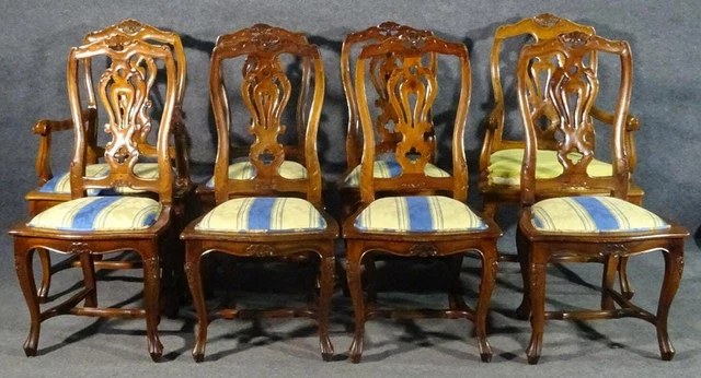 Set of 8 French Louis XV Carved Walnut Twist Back Dining Chairs, C1960s