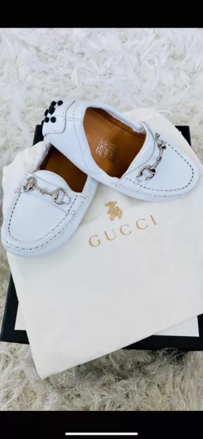 Gucci Toddler Boys White Leather Horsebit Loafer Shoes Size 25