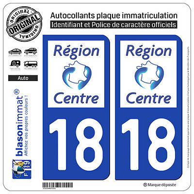 2 Stickers autocollant plaque immatriculation : 18 Centre Val de Loire LogoType
