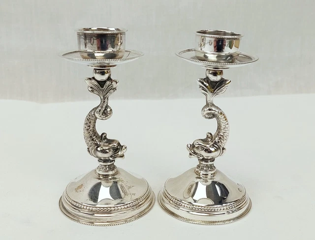 Small Portuguese Silver Royal Navy Dolphin Candlesticks Adm. Charles Beresford